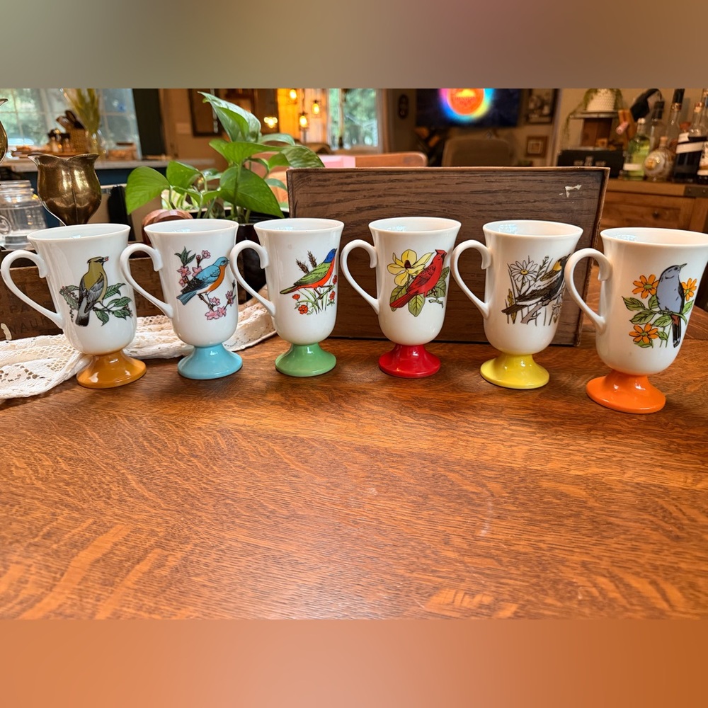 Vintage 1960s Set of of 6 Ceramic Bird Mugs with Colorful Pedestals - Multicolor